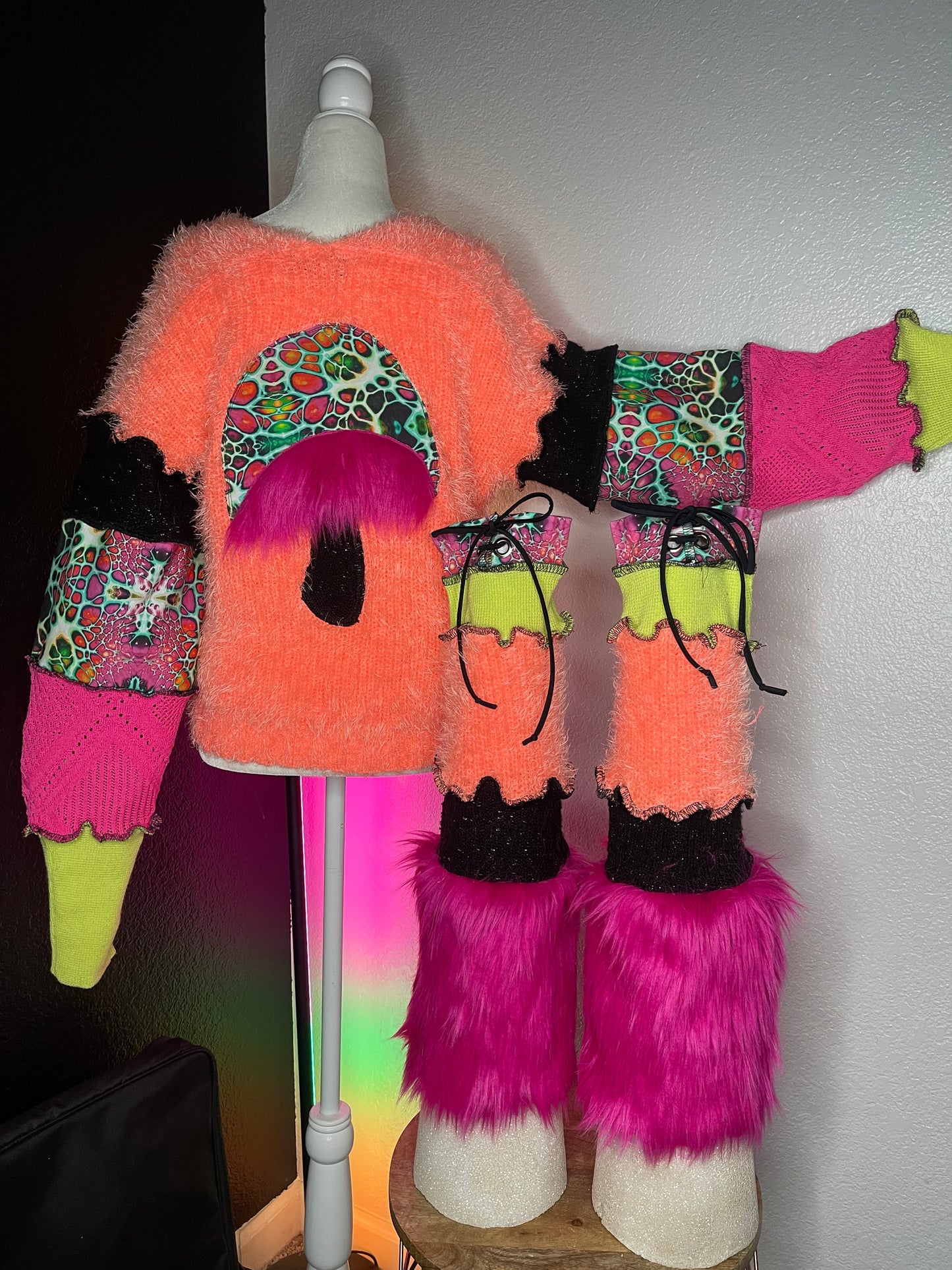 Fuzzy Peach Mushroom Griztronics Sweater and Leg Warmer Set